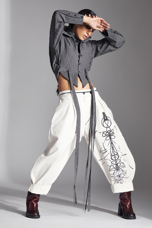 Printed Eren Trousers (White Denim)